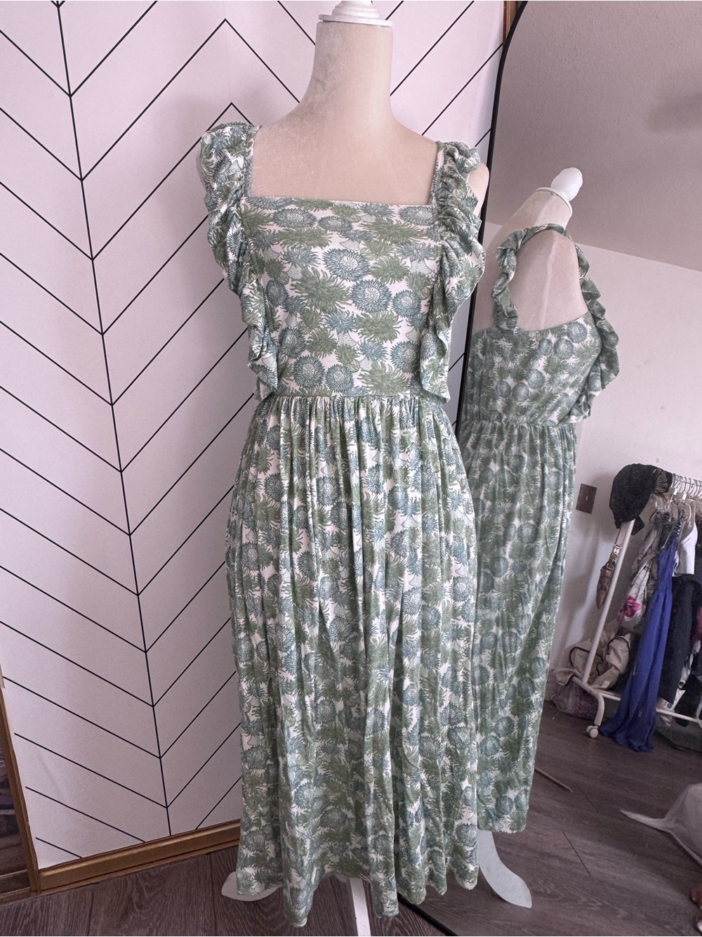 Kate Quinn Floral Ruffle-Shoulder Midi Dress in Sage Green - Picture 2 of 9